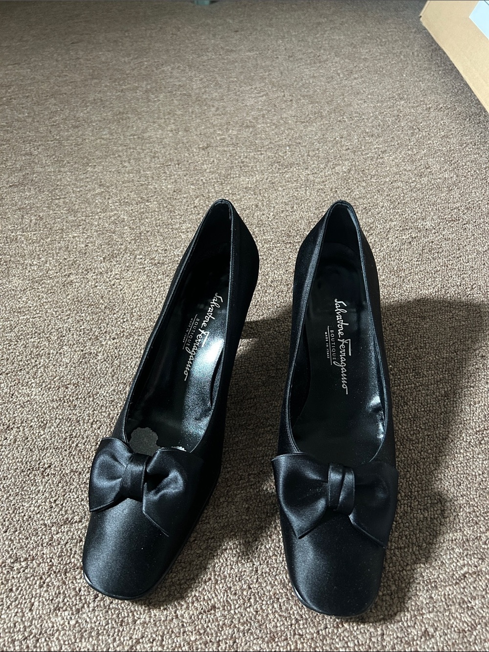 Salvatore Ferragamo Black Satin Bow Pumps - Classic Square Toe